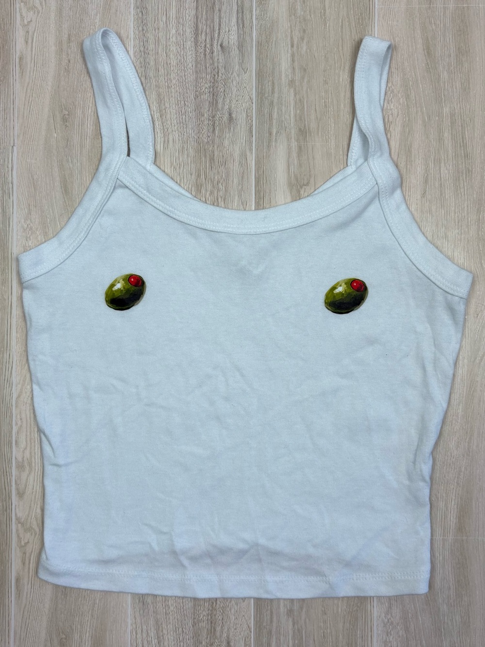Bella Canvas White Ribbed Camisole w/ Olive Motif Small EUC Dirty Martini Cheeky